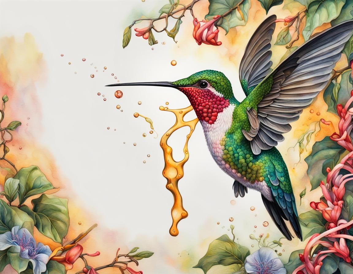 Hummingbird and Honeysuckle Watercolor Painting