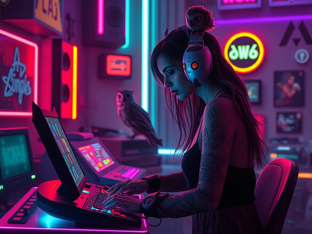 Cyberpunk Gamer with Owls in Neon Lights
