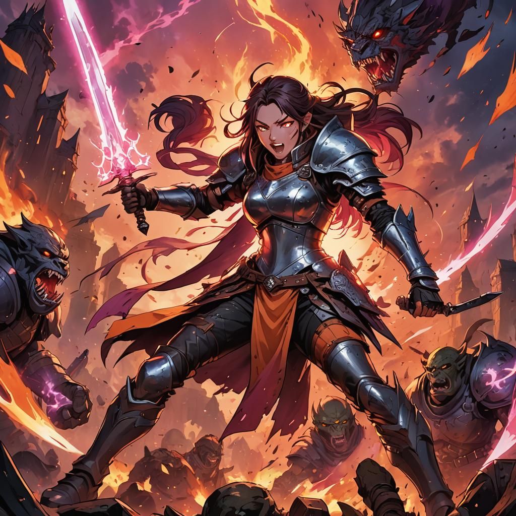 Anime Girl Battles Orc with Plasma, Action Illustration