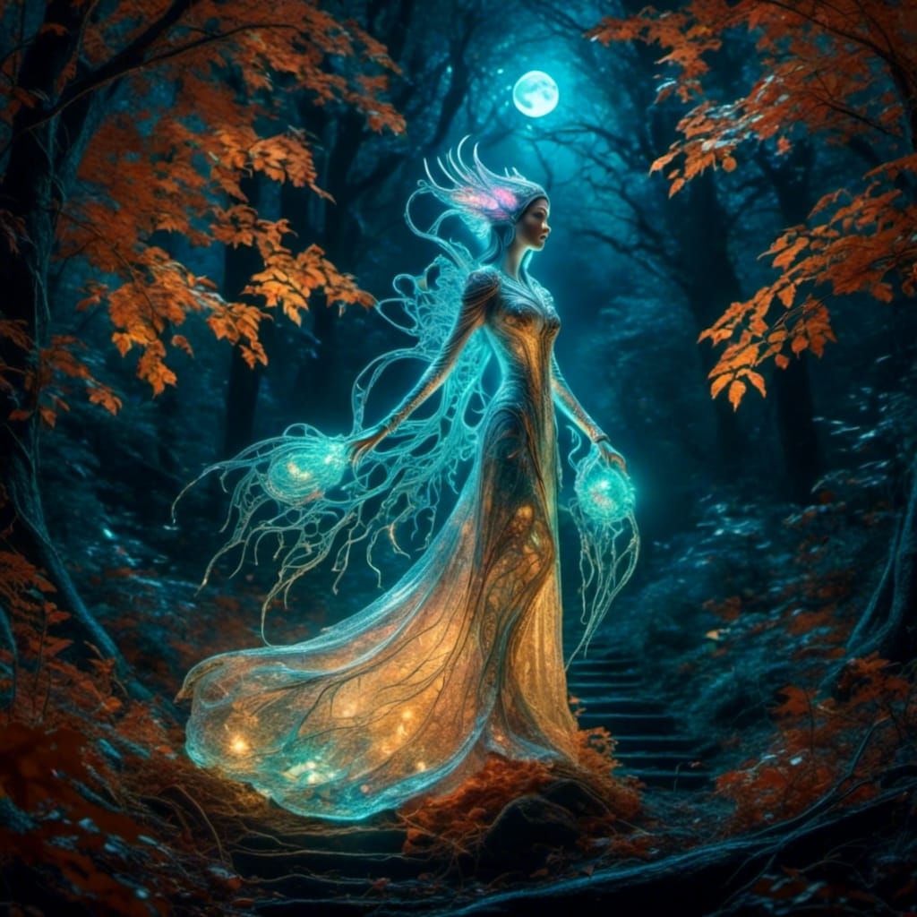 Bioluminescent Victorian Ghost in Haunted Forest