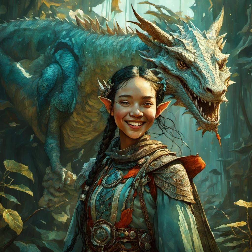 Happy Elven Girl with Dragon: Fantasy Digital Art