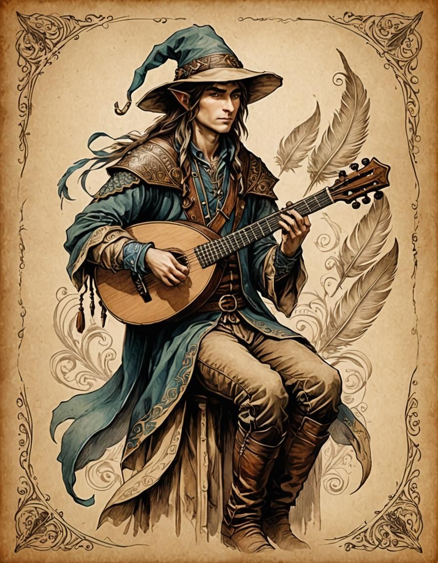 Half Elf Bard with Lute in Leonardo DaVinci Style