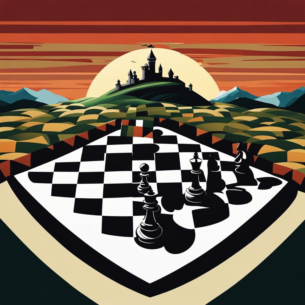 Surreal Chess Game Under Checkerboard Sky