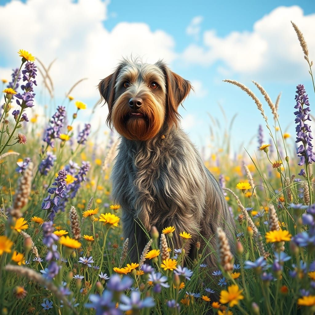 Rustic Wirehaired Pointing Griffon in Vibrant Floral Landsca...