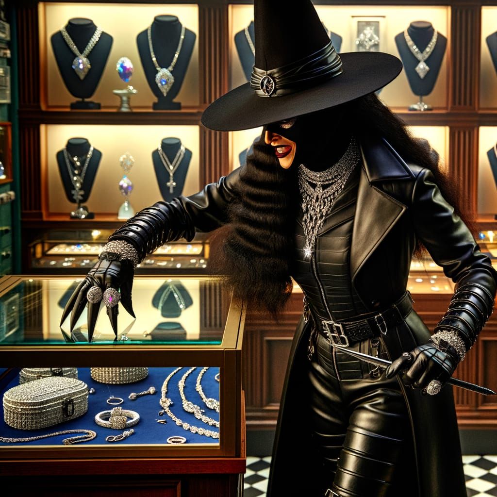 Seductive Witch in Black Leather Steals Diamonds with Dark M...