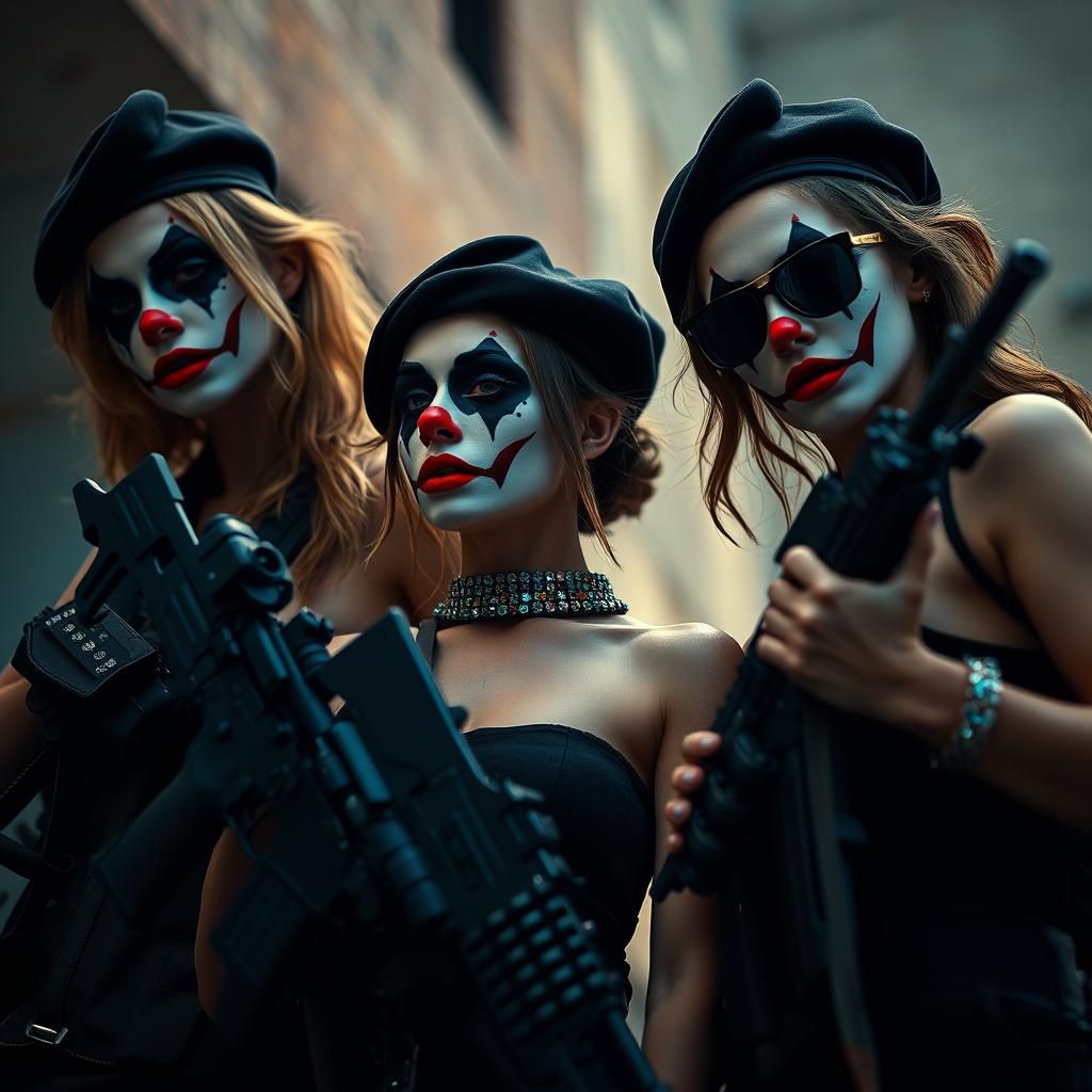 Clown Women in Military Gear, Cinematic Style
