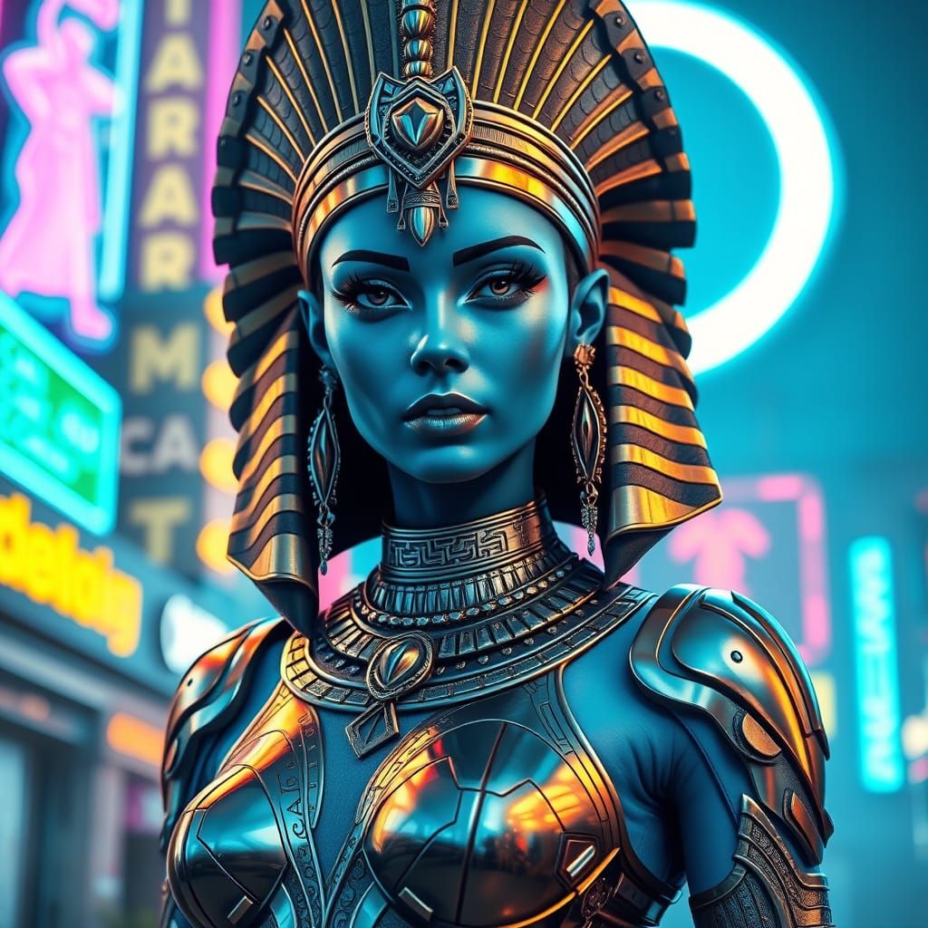 Futuristic Queen in Neon Urban Landscape