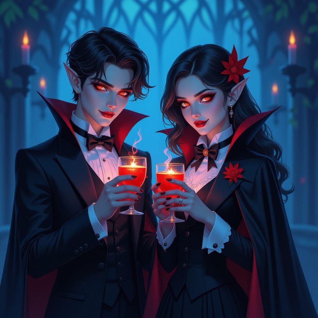 Vampire Couple with Glowing Eyes in Gothic Halloween Scene
