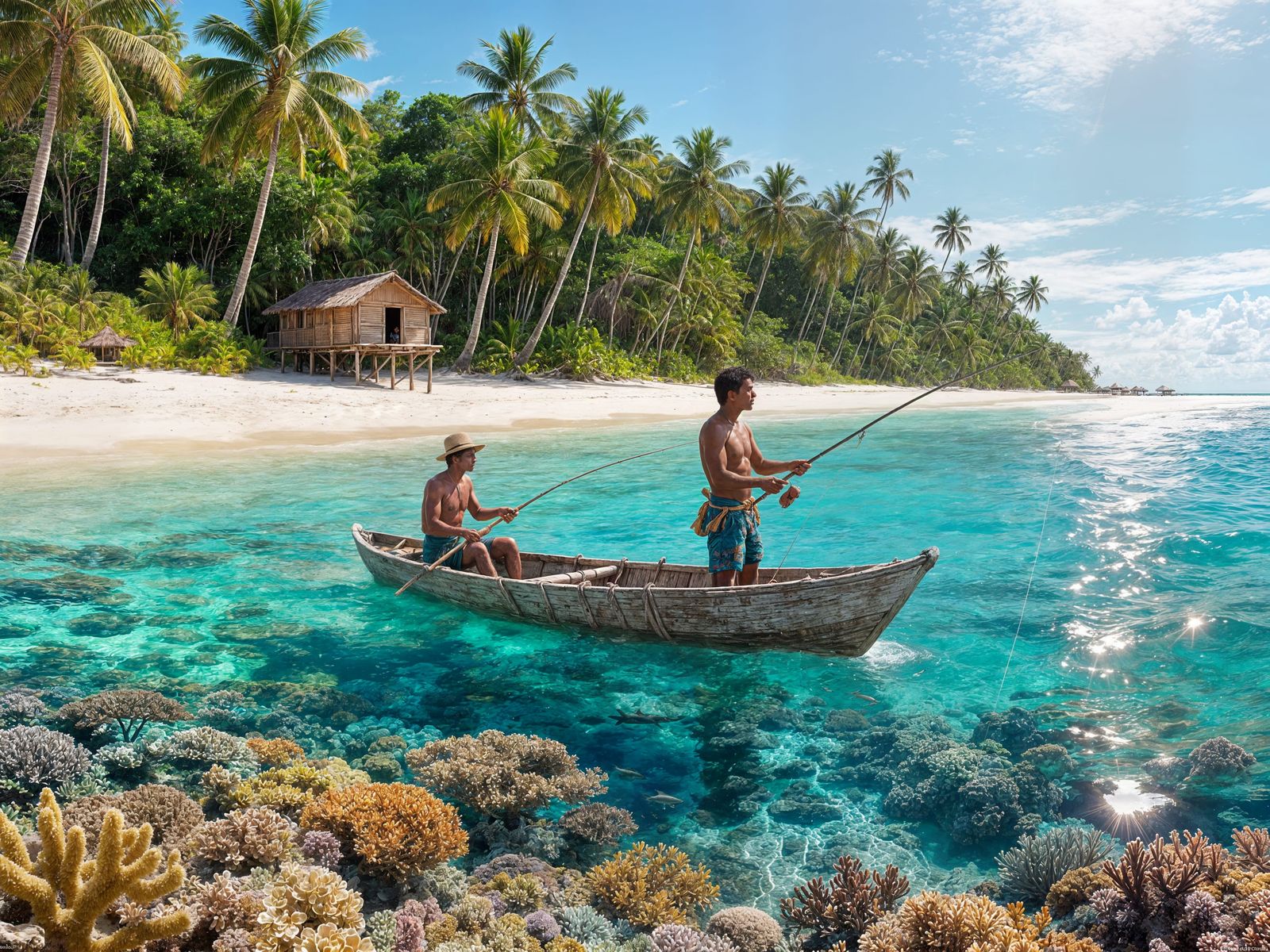 Fishermen Fishing on Tropical Atoll Coral Reef