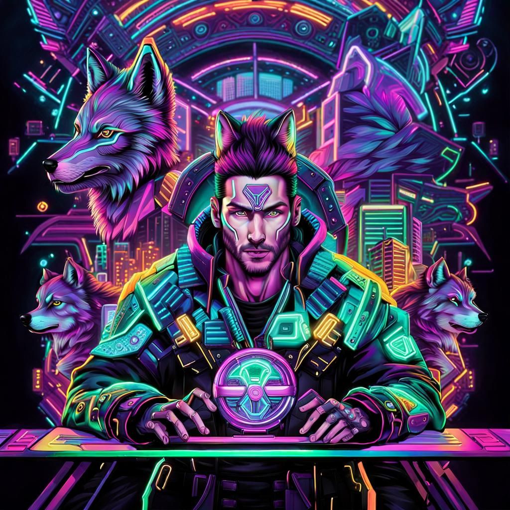 Neon Cyberpunk Wolf with Geometric Details