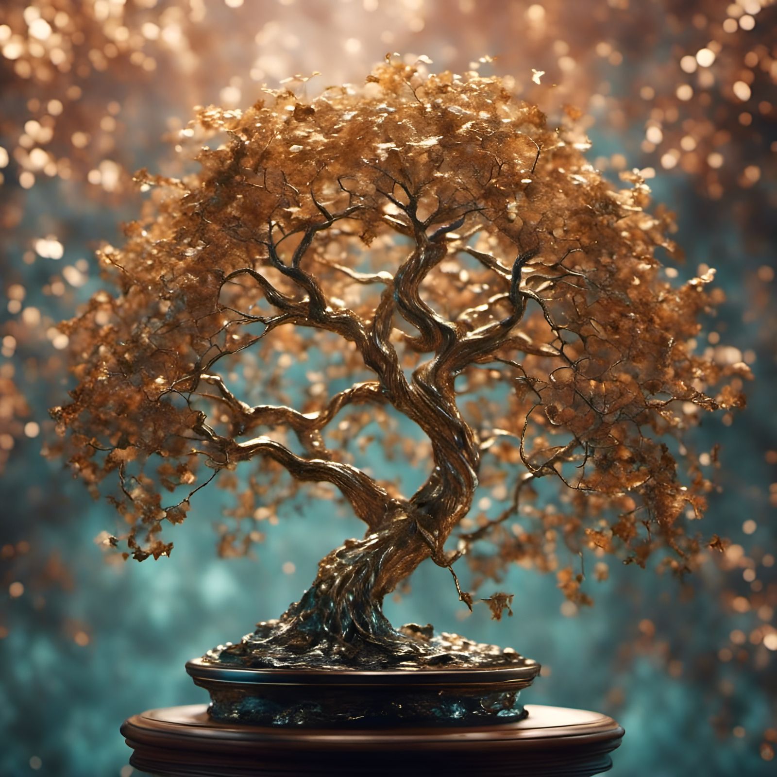 Gilded Bronze Oak Tree with Glass Leaves