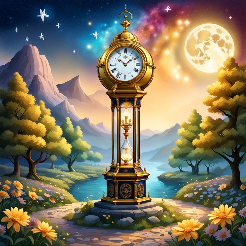 Golden Clocks Under Moonlight: A Digital Art Piece
