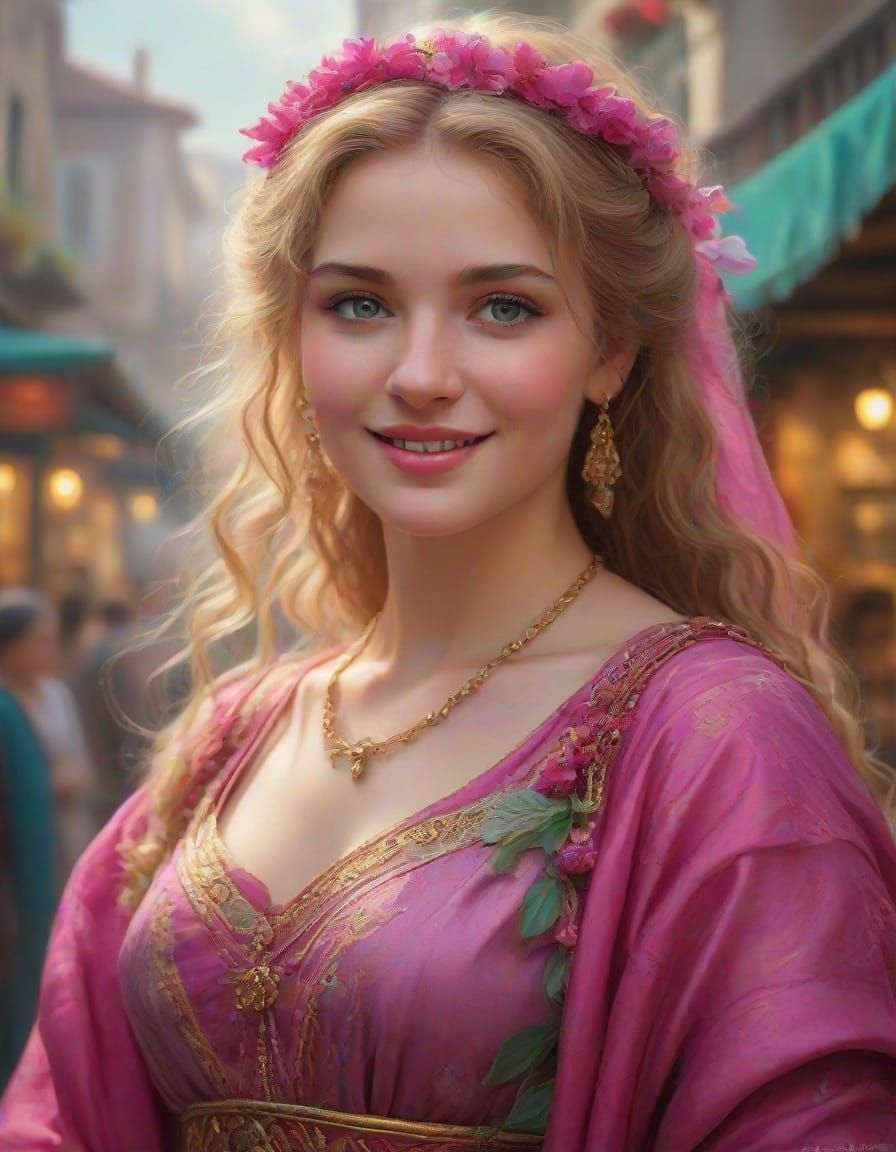 Ethereal Ancient Roman Goddess in Fuchsia Silk Gown