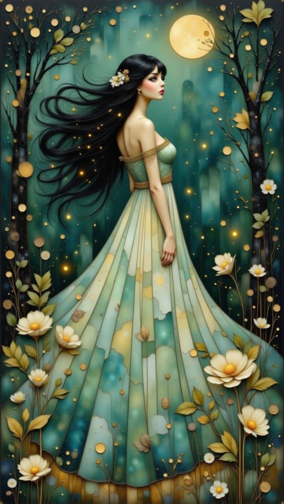 Ethereal Woman in Enchanted Forest, Pre-Raphaelite Style