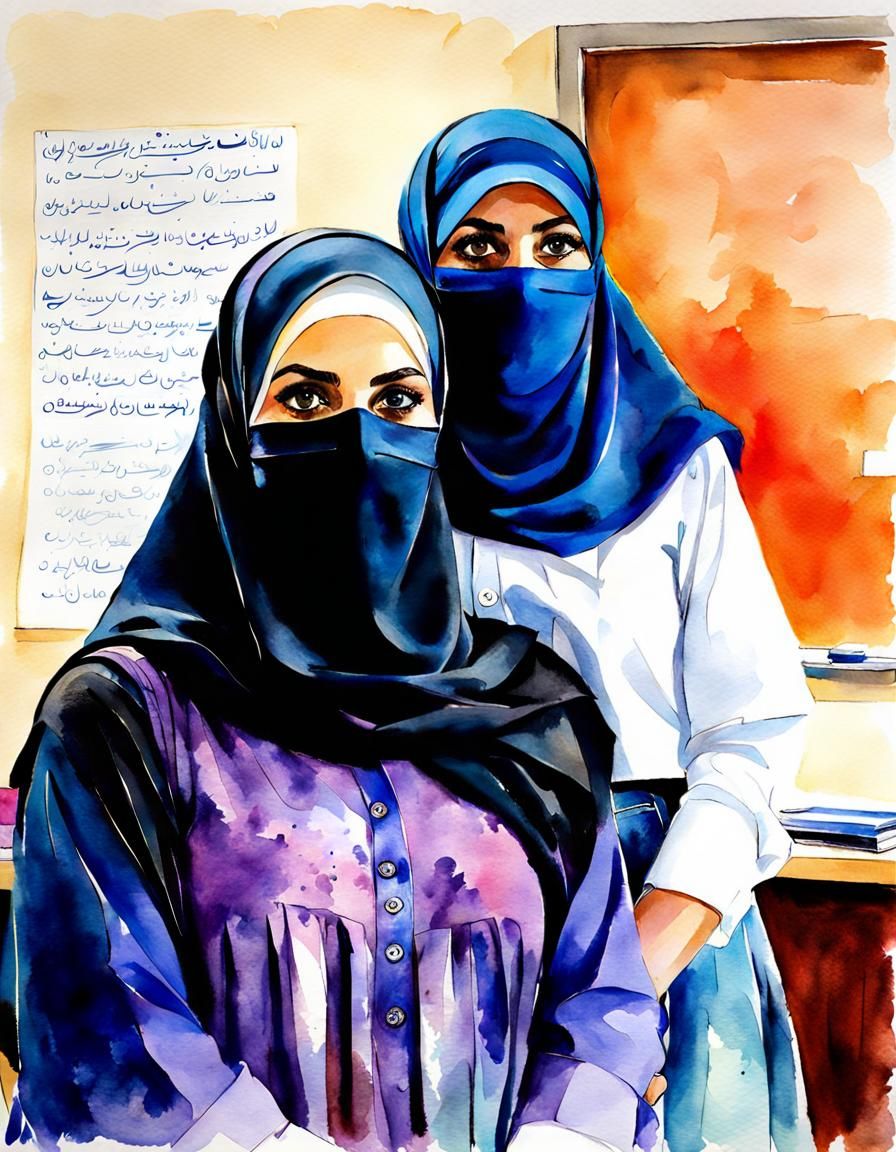 Watercolor Portrait: Two Niqabi Teachers in Classroom