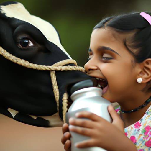 Girl Drinks Milk From Smiling Cow: Photo