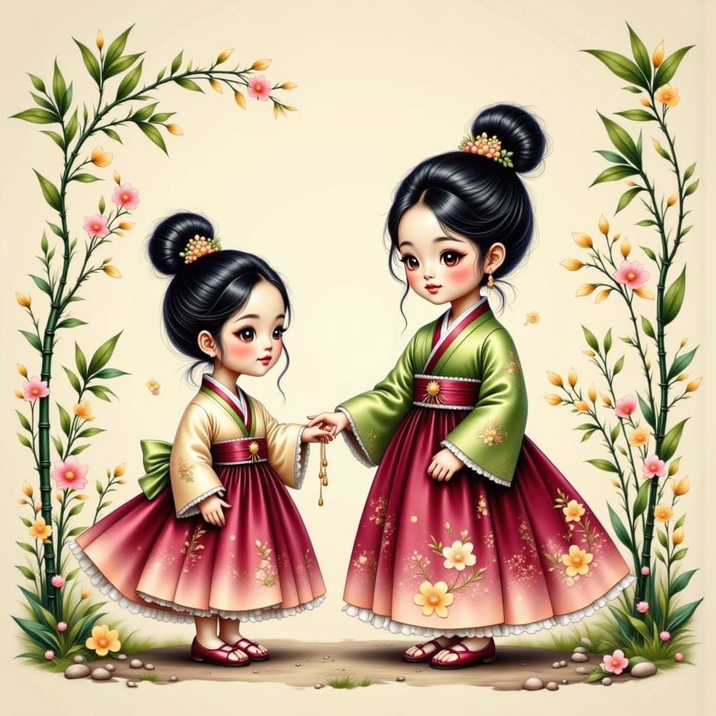 Cute Toddler Asian Girl in Hanbok with Doll