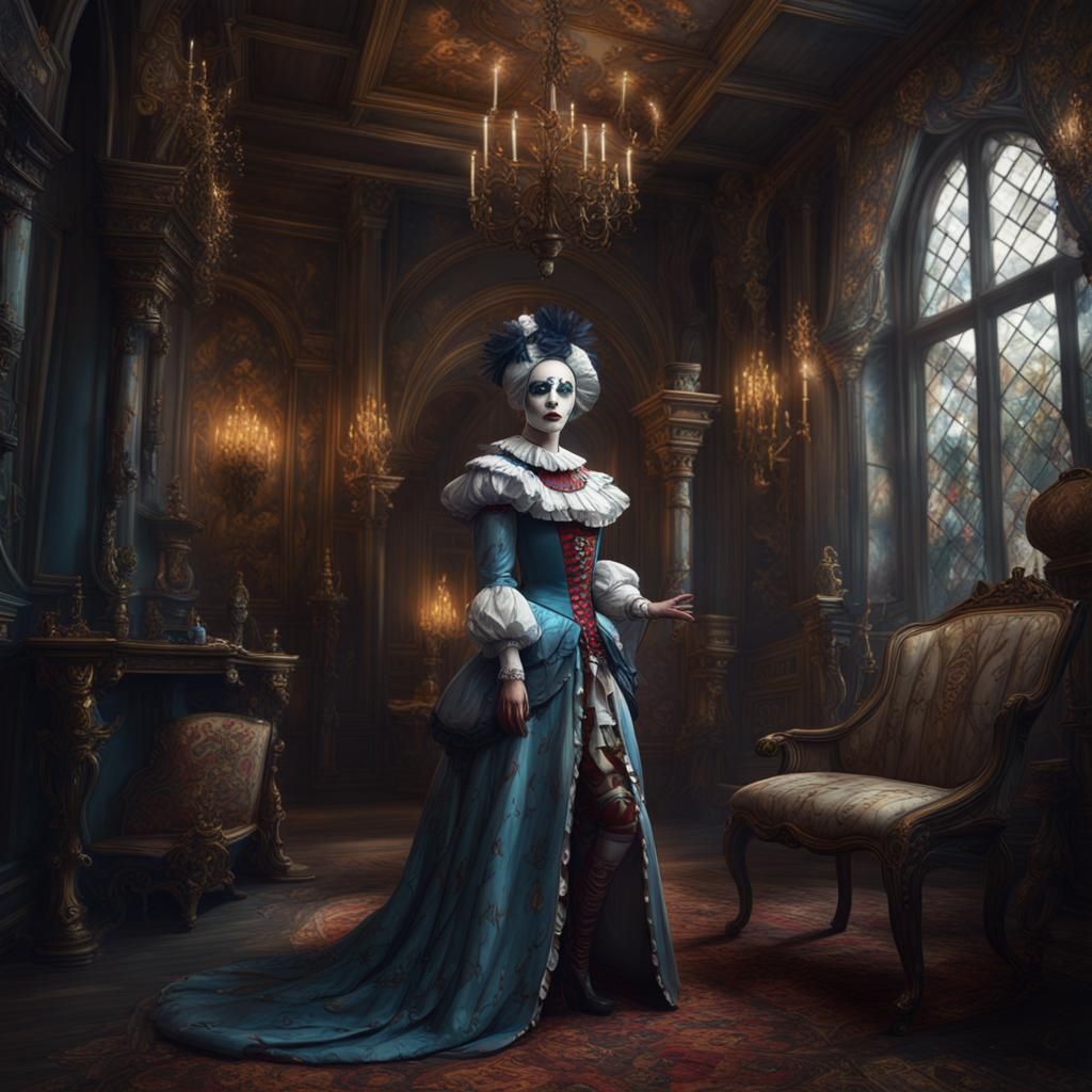 Fantastical Painting of Pierrot, Colombina, Harlequin, King ...