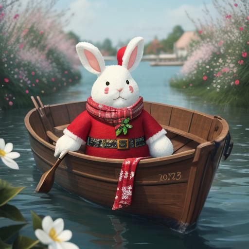 Festive Teddy Rabbit in Flower Boat, Hyperrealistic Art