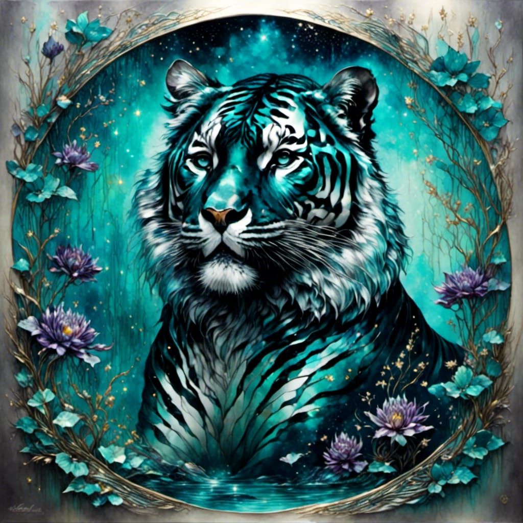 Iridescent Tiger Head in Kintsugi Art Style