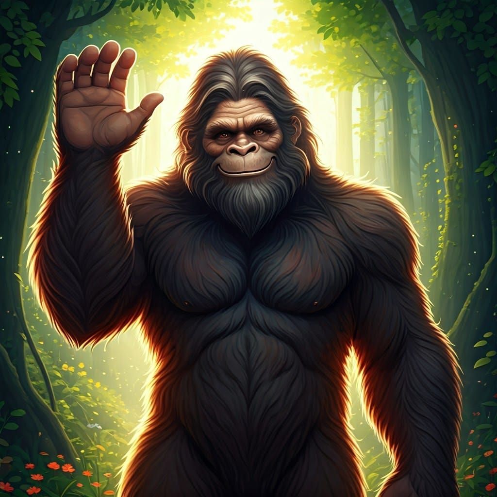 Serenely Smiling Bigfoot in Ancient Woodland