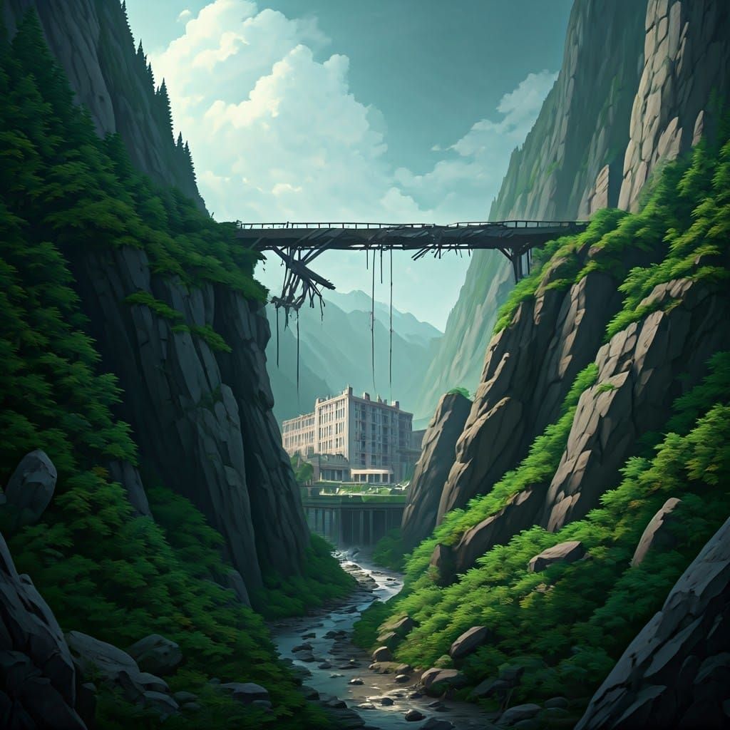 Dramatic Mountain Valley with Abandoned Bridge and Hospital ...