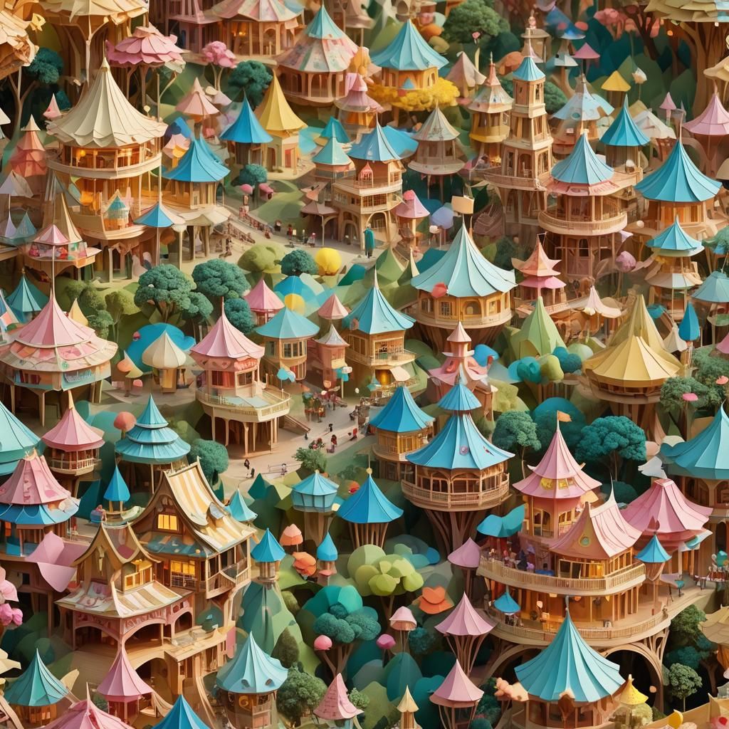Extreme theme parks Origami paper folds papercraft, made of paper, stationery, 8K resolution 64 megapixels soft focus