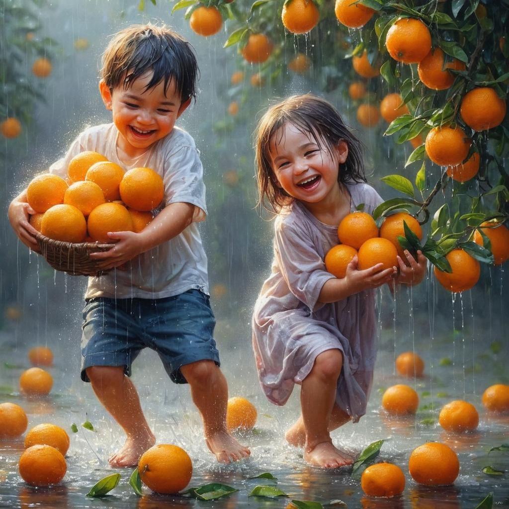 Joyful Children Harvest Oranges Under Rainy Orange Tree
