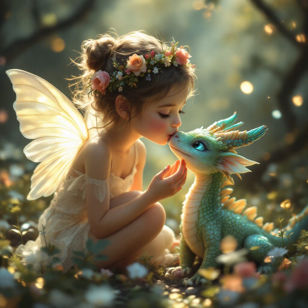 A magical scene of a fairy child with delicate wings and a f...
