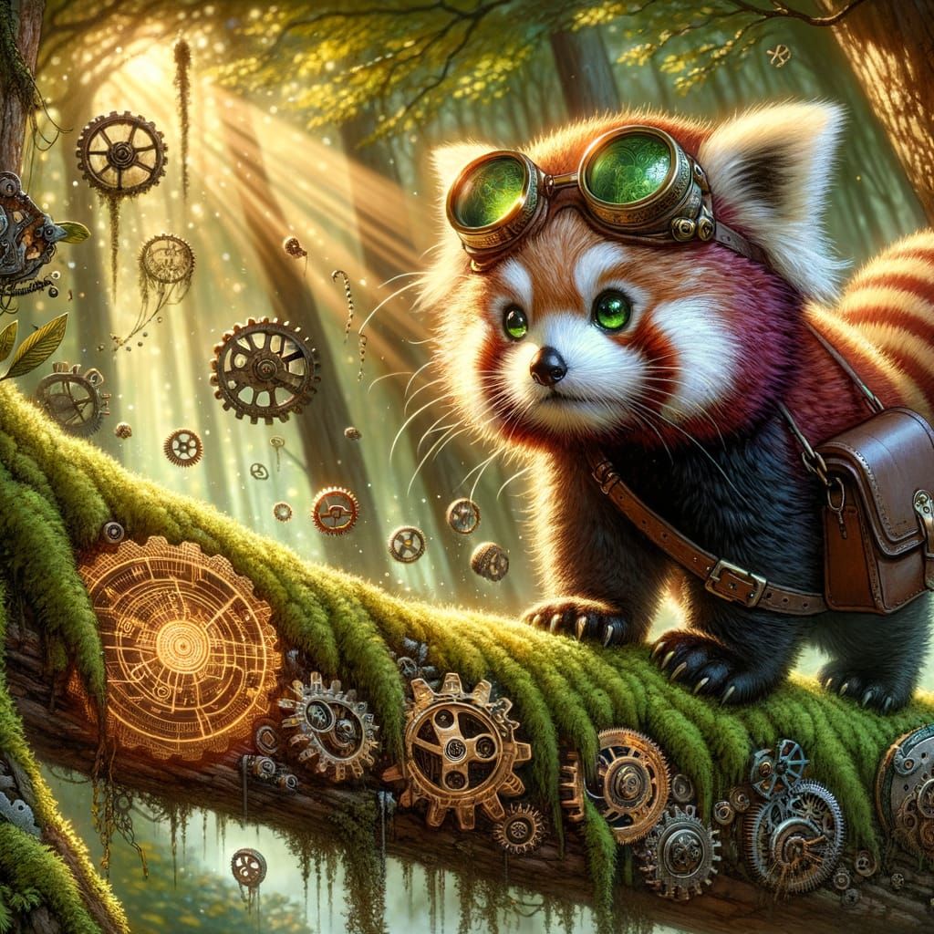 Steampunk Red Panda in Whimsical Forest