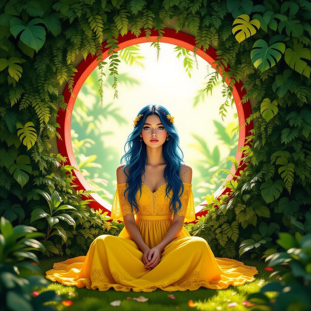 Girl in Golden Garden with Red Portal