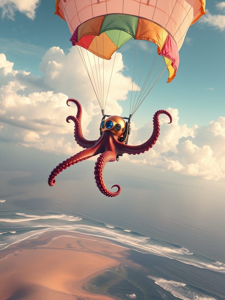 Octopus Parachuting with Neon Parachute: Hyperrealistic Digi...