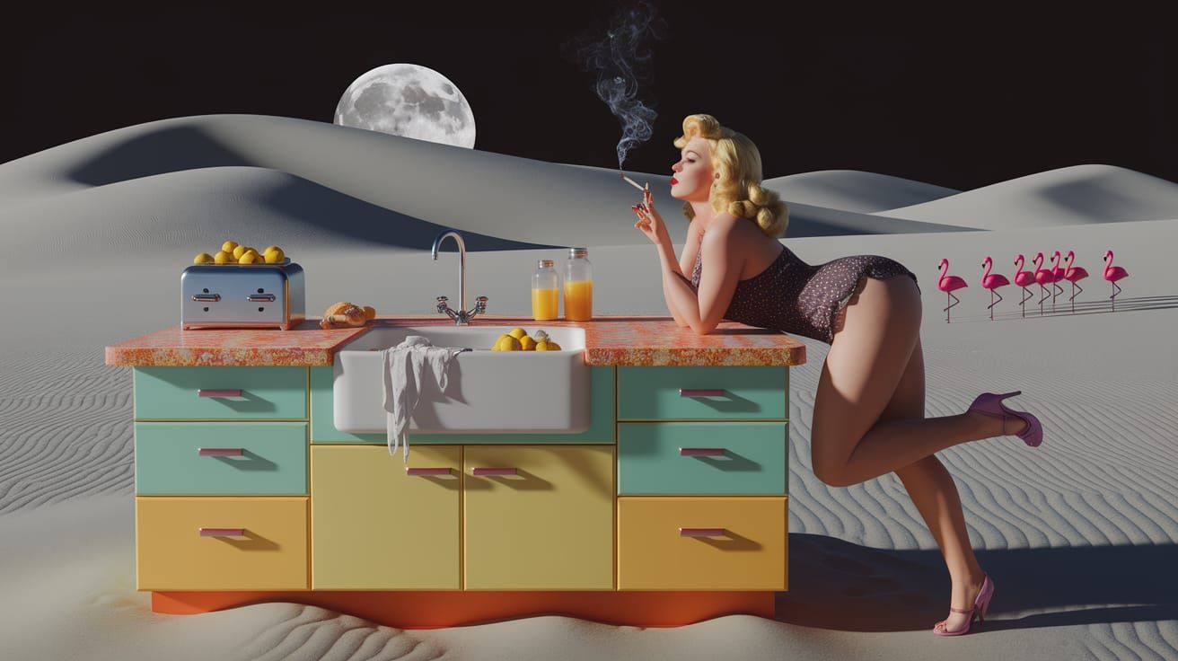 Surreal Desert Kitchen with Retro Woman in Art Deco Style