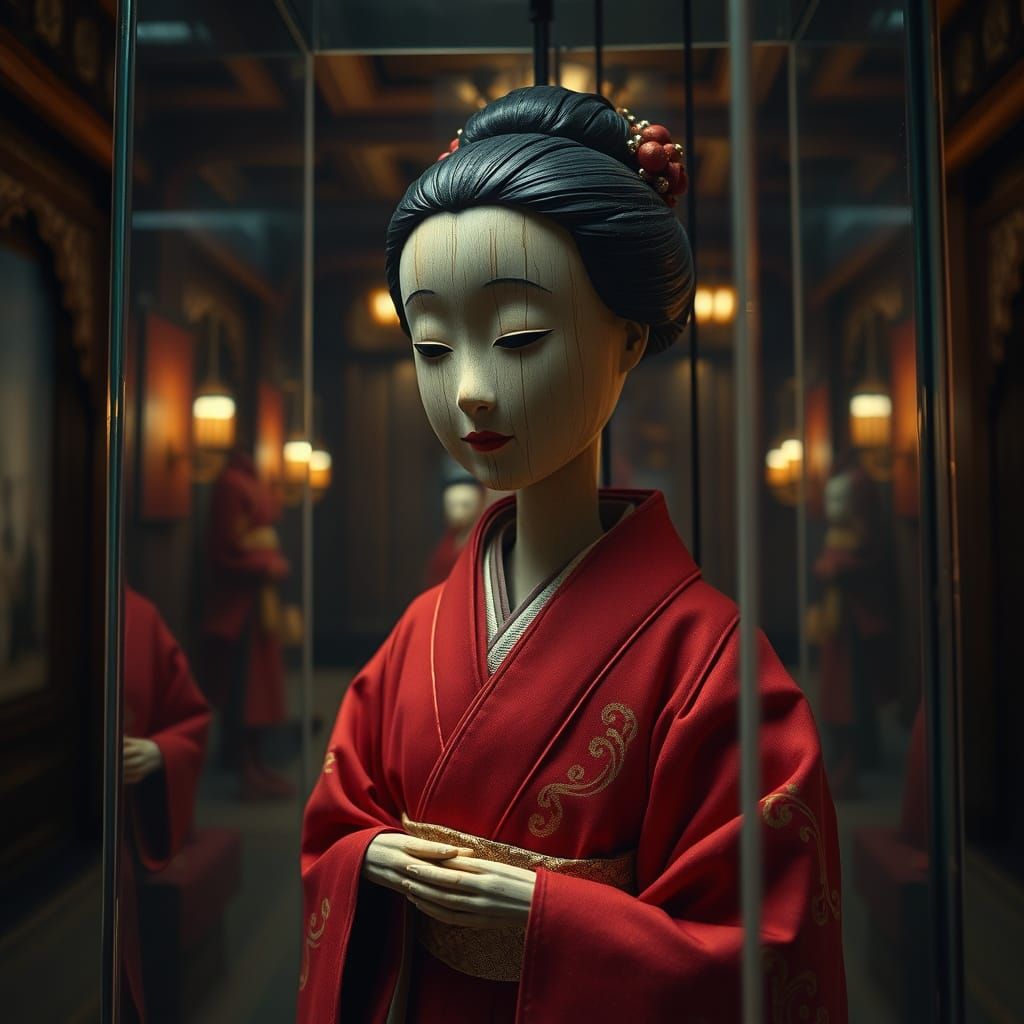 Elegant Japanese Wood Puppet in Ornate Museum Setting