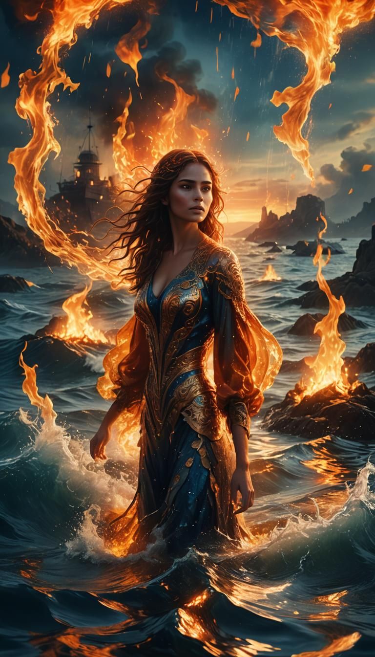 Beautiful Woman Surrounded by Fire: Fantasy Concept Art