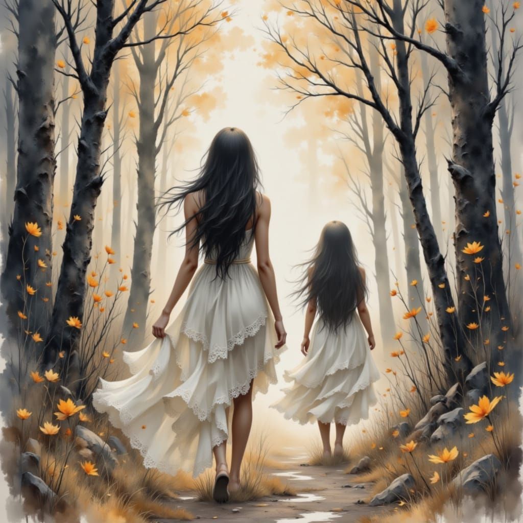 Ethereal Figures Flee Misty Forest in Turner-Inspired Waterc...