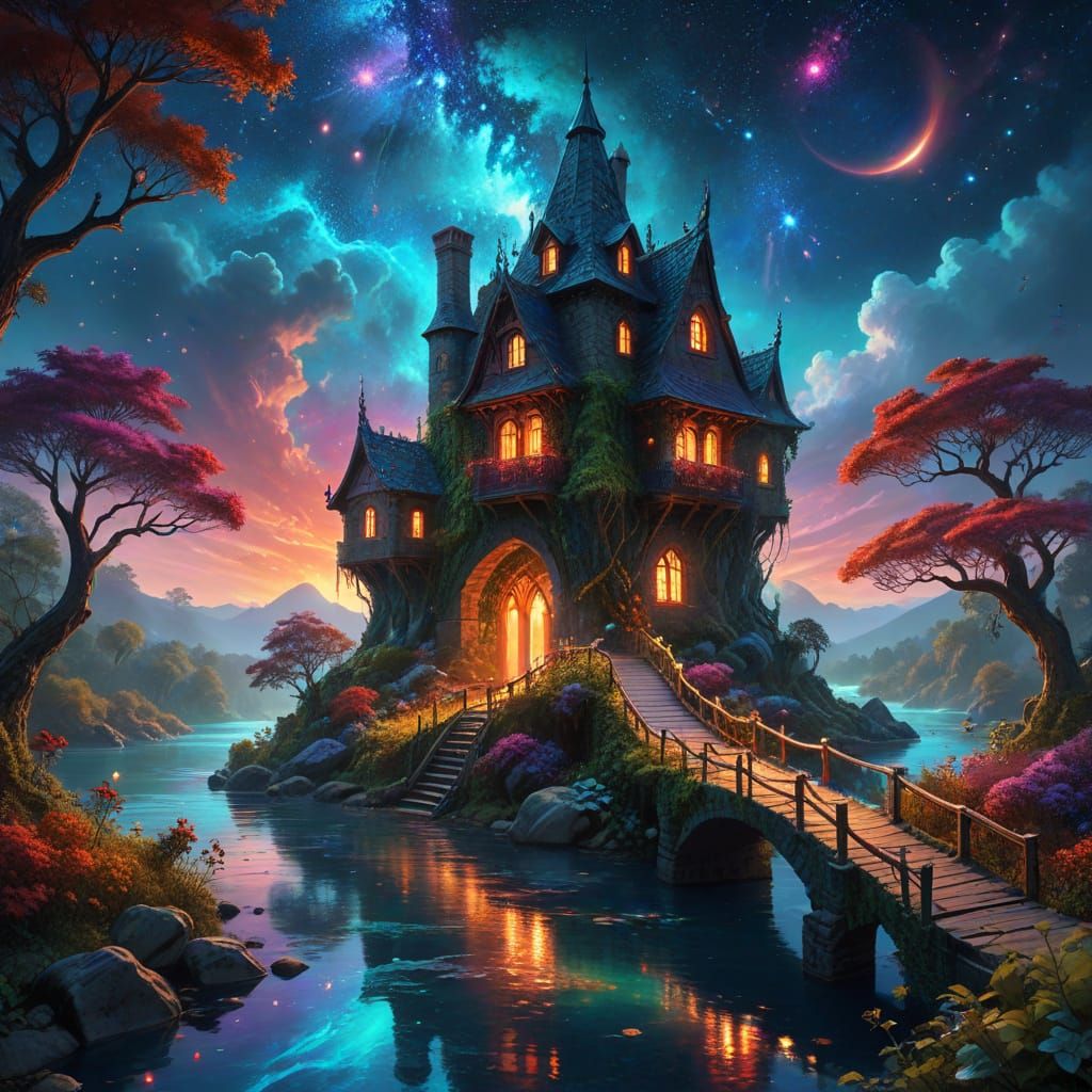 Enchanting Fantasy Tower House on Cosmic River Bridge