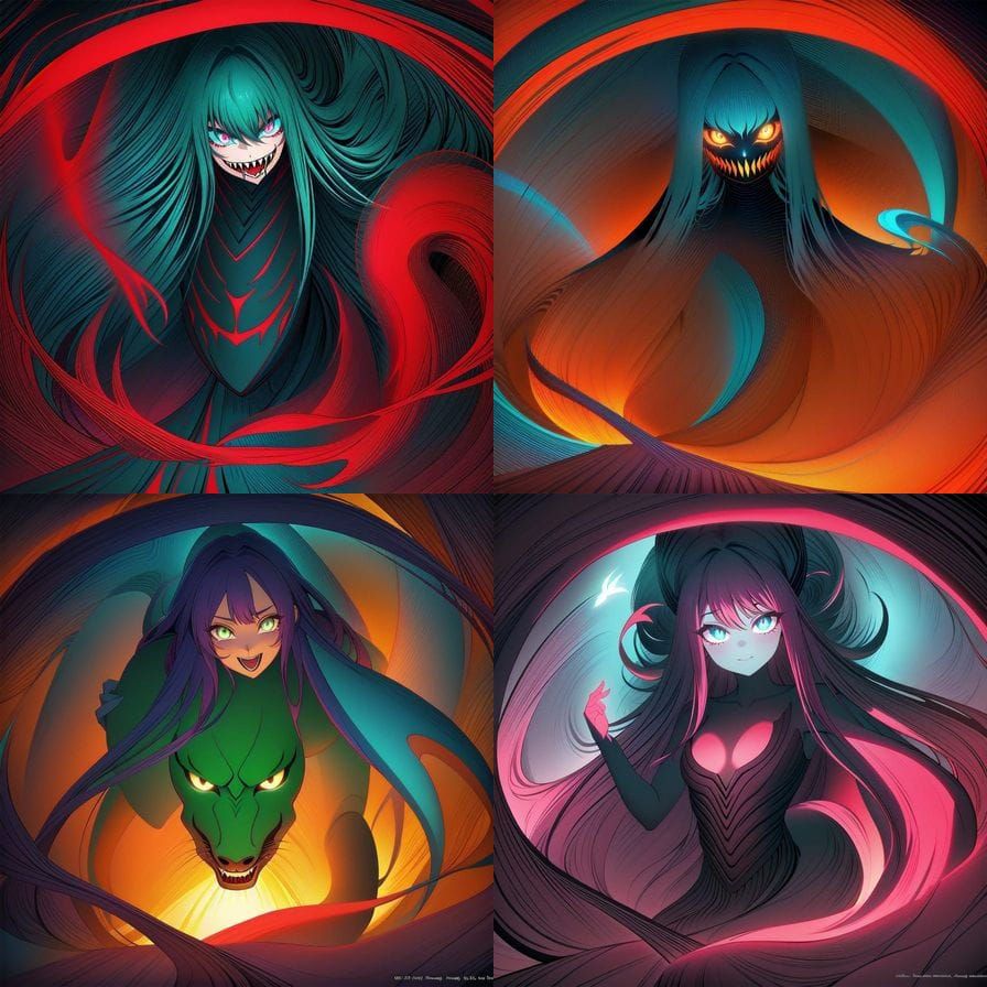 Colossal Nine-Headed Serpent Monster in Anime Style