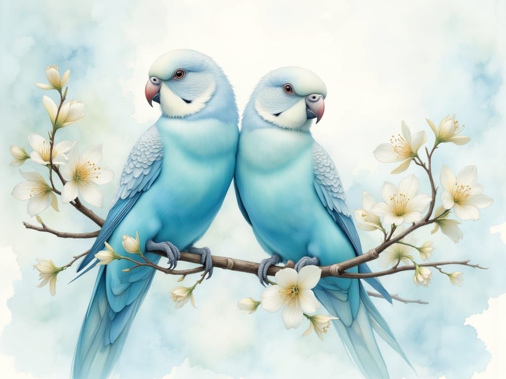 Turquoise Parakeets on Blossom Branch in Impressionistic Sty...