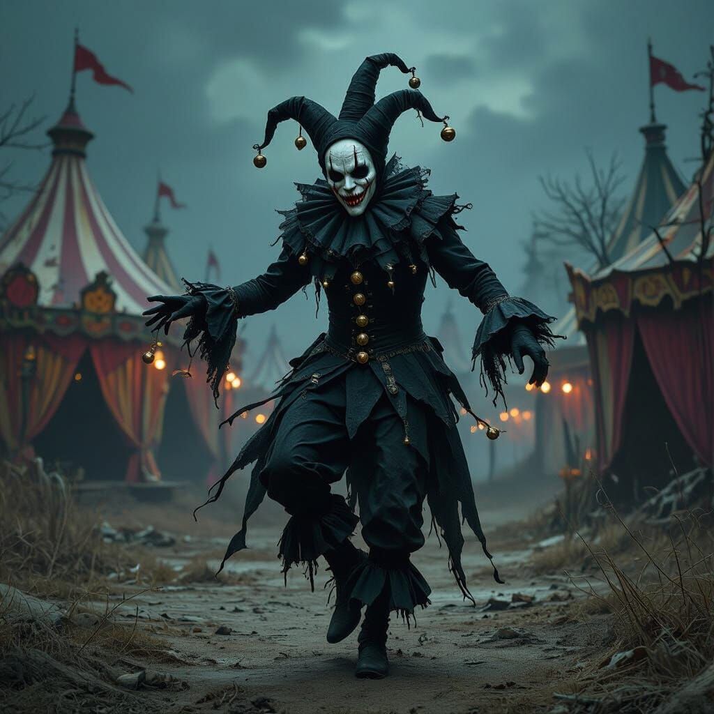 Spectral Jester Dances in Haunted Carnival: Dark Fantasy Art