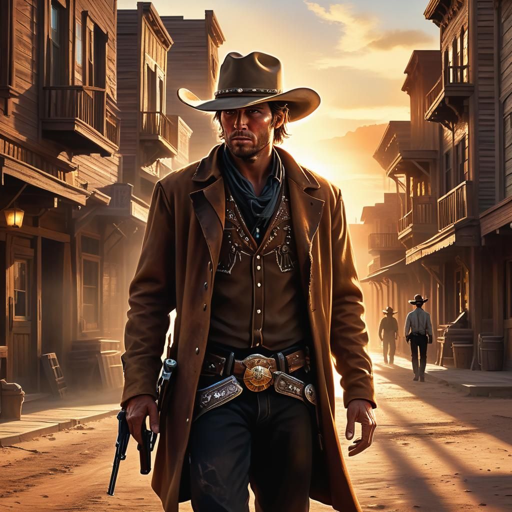 Lone Cowboy Gunslinger in Golden Hour Sunset
