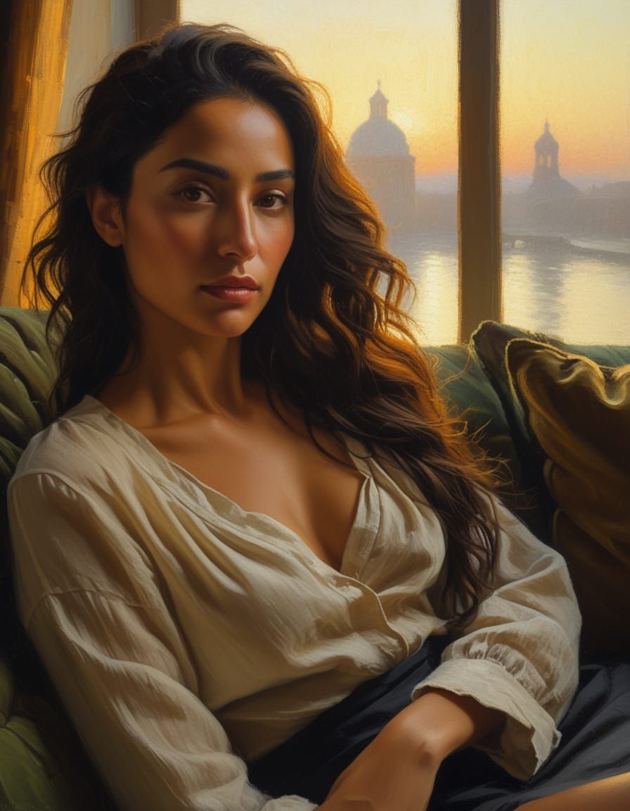 Woman Staring out Window as Impressionist Oil Painting