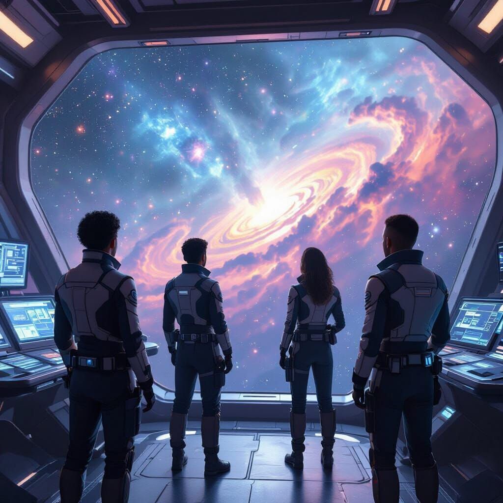 Starship Crew Gazing at Nebula, Syd Mead Style