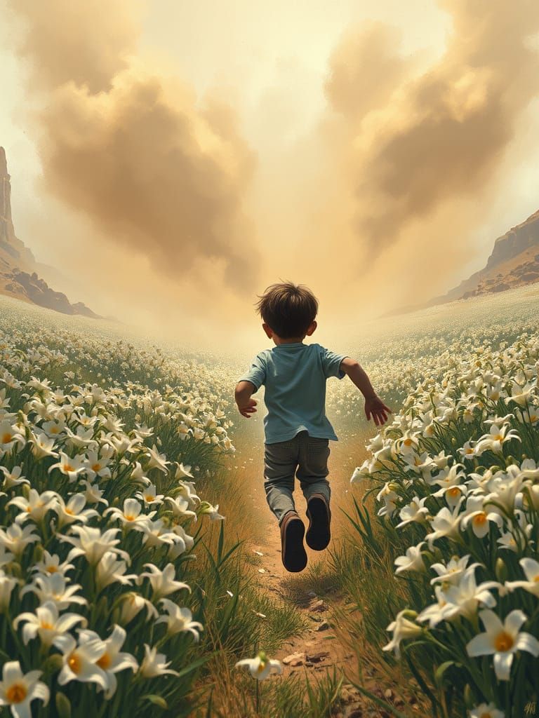Surreal Boy Runs Through Valley of White Lilies Amidst Dusty...