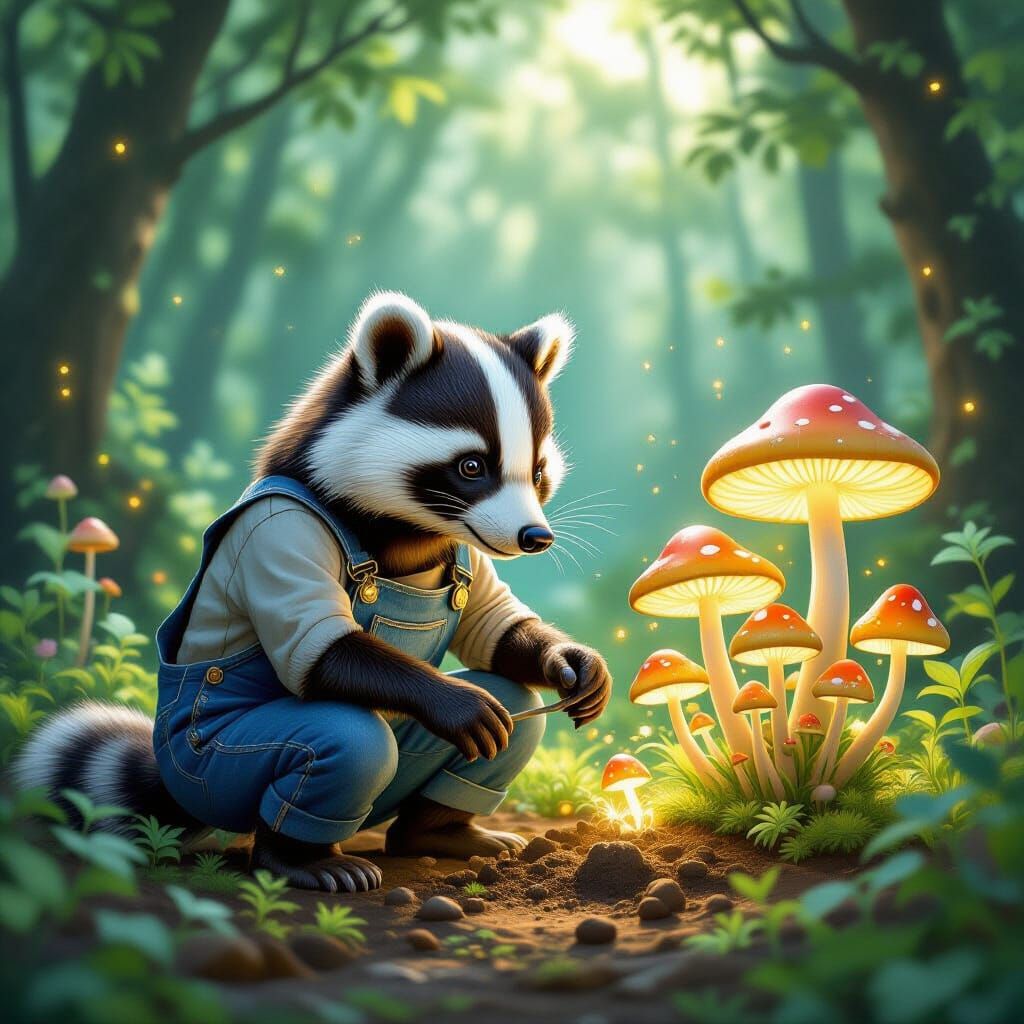 Anthropomorphic Badger Tends Bioluminescent Mushroom Garden