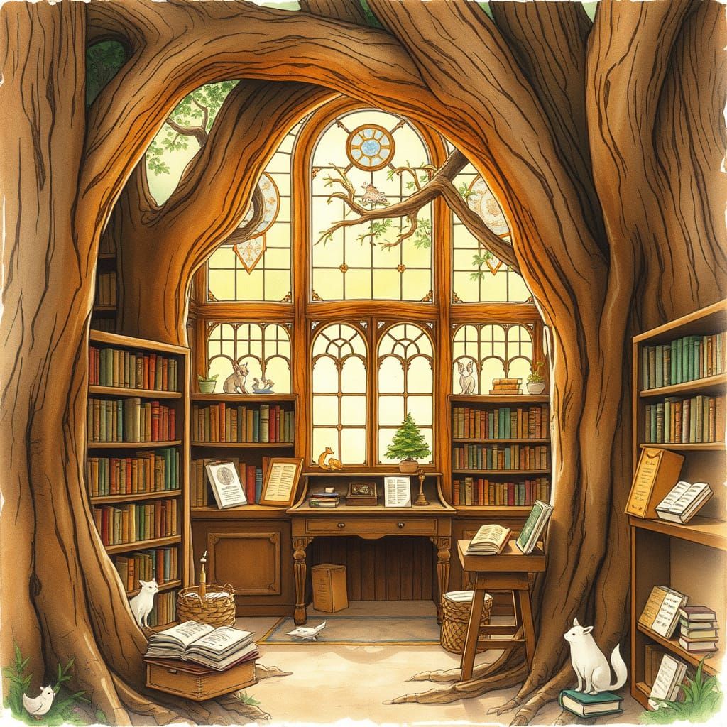 Cozy Bookshop Inside Ancient Oak Tree