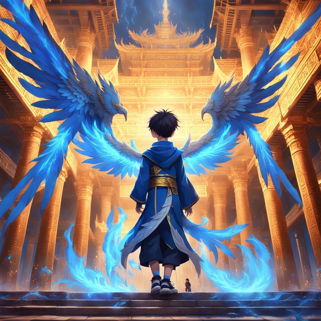 Blue Phoenix Boy in Ancient Temple: Anime Art