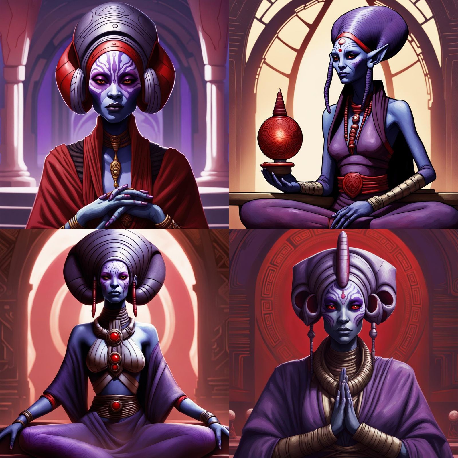 Twi'lek Meditating at Temple Altar in Sci-Fi Style