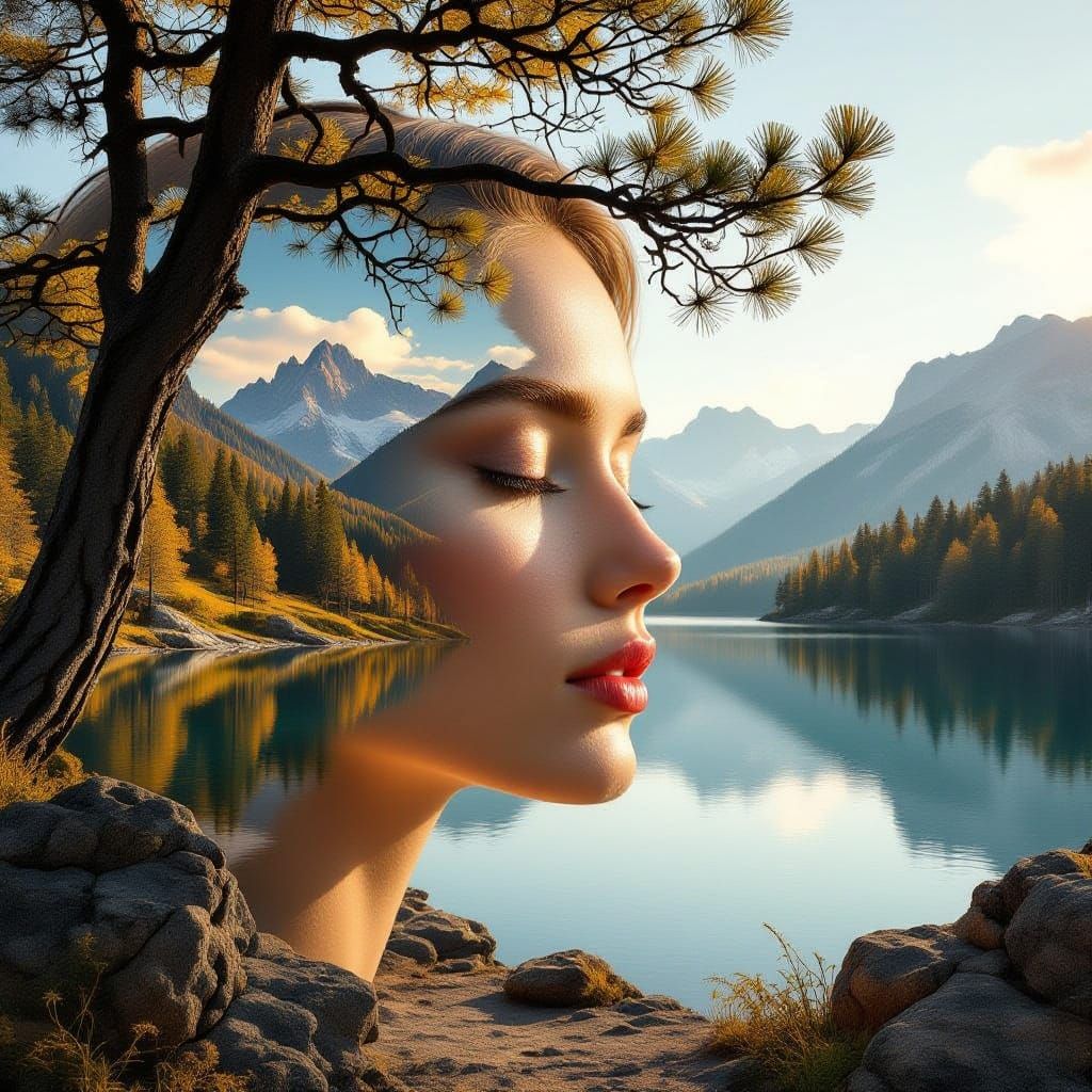Surreal Woman's Profile Merges With Nature Landscape