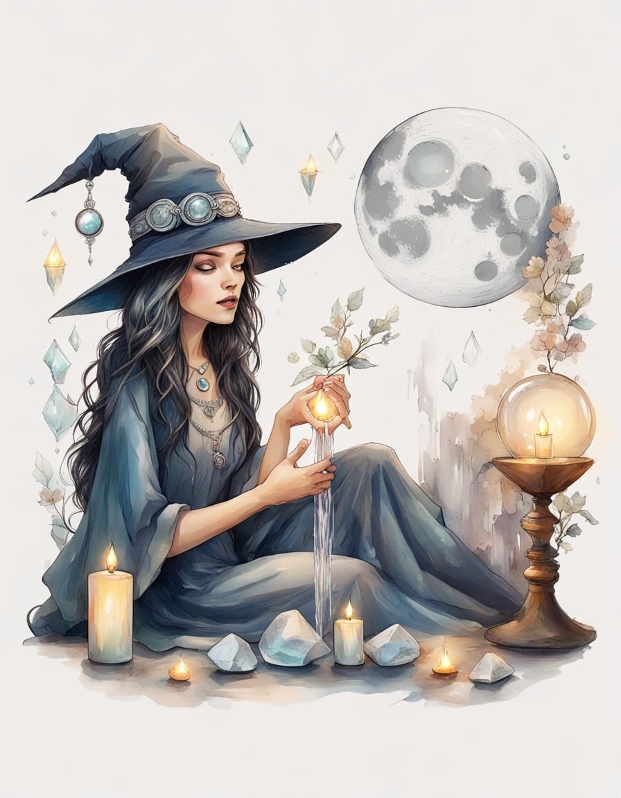 Moon Witch with Crystal Magic and Silver Rain